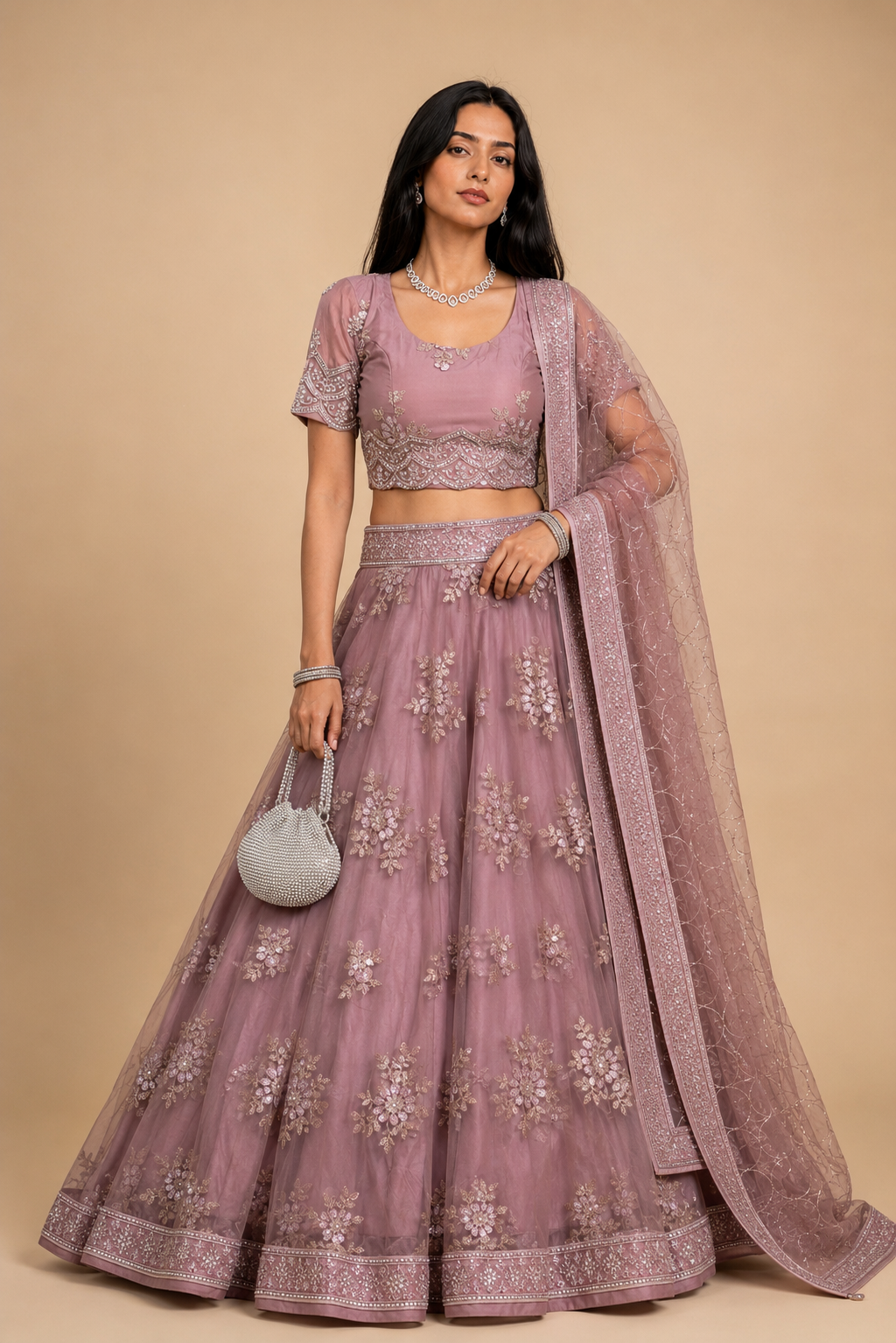 Mauve Floral Embroidered Lehenga